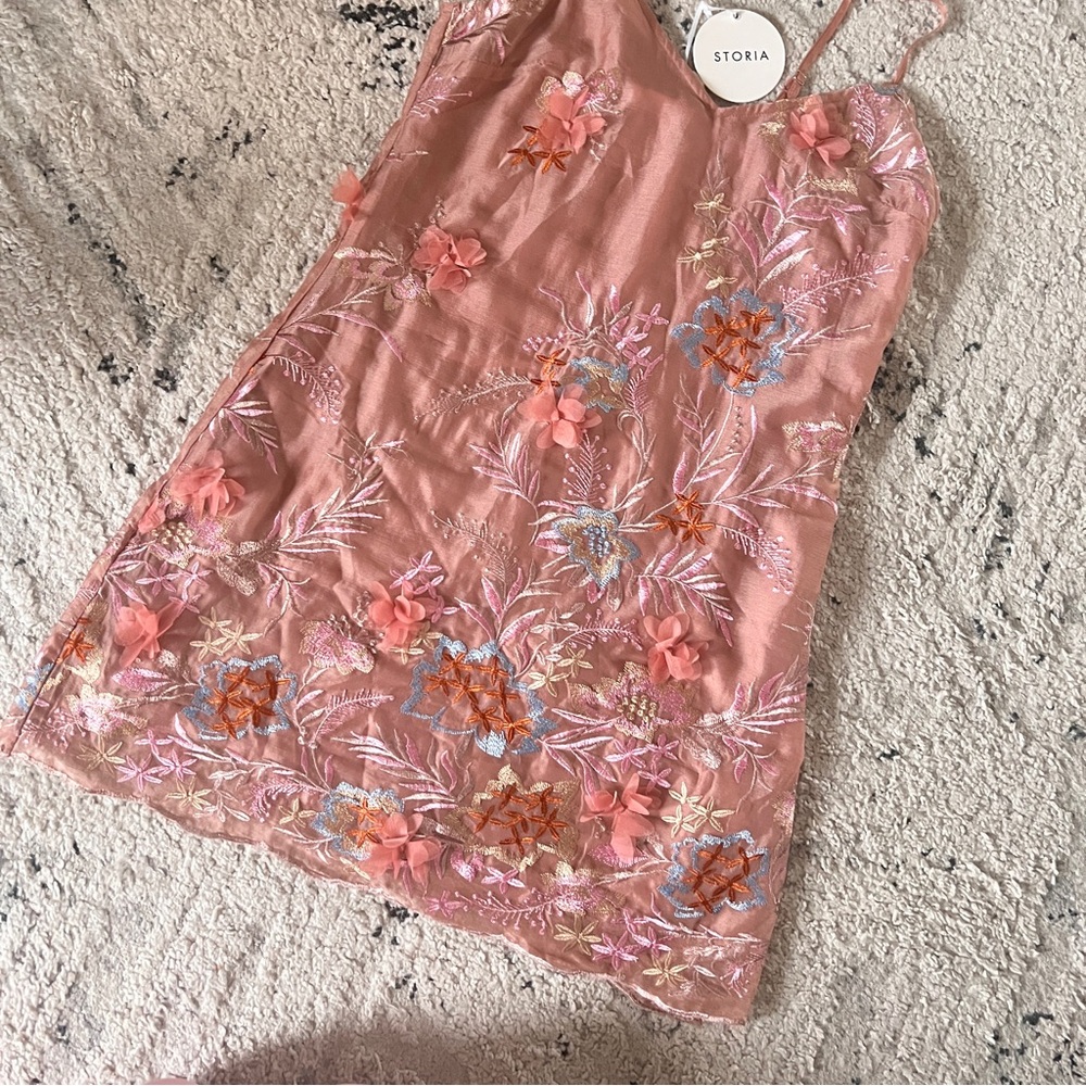 Storia Pink Floral Embroidered mini dress